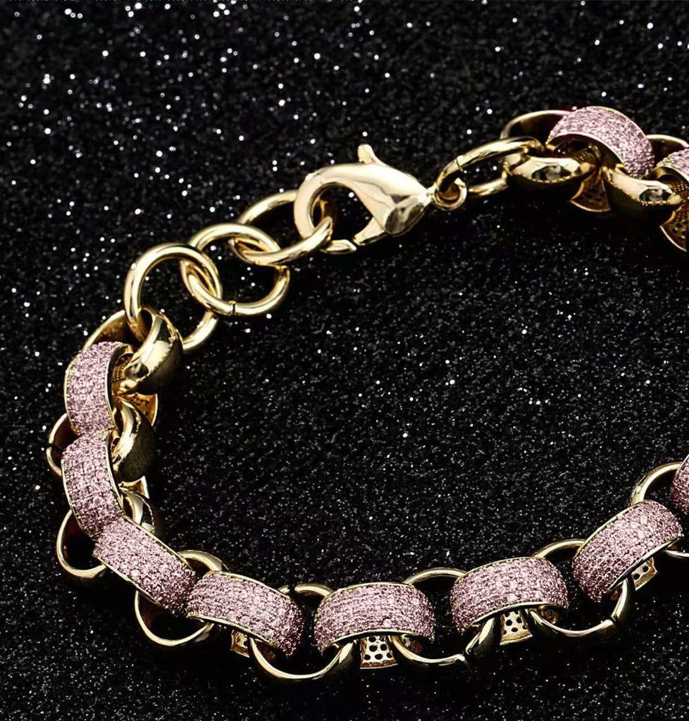 New 12mm Gold-Filled Pattern Belcher Bracelet with Pink Stones