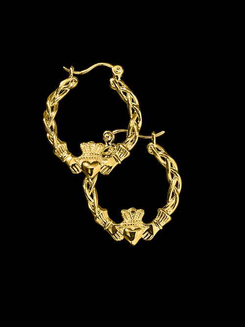40 mm Light Gold Claddagh Hoop Earrings – Lightweight, High Polish, 3.9 g Each
