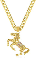 New Gold Horse Pendant with Pink Stones on 24-Inch 4mm Cuban Chain