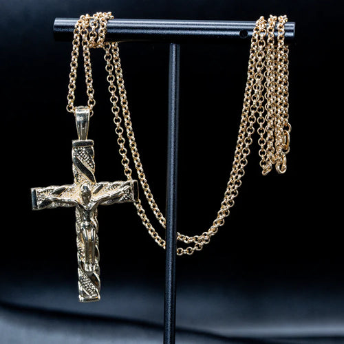 New Gold Curb Cuban Cross Pendant 24 Inch 8mm Belcher Chain
