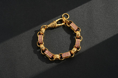 13mm Gold Gypsy Link Belcher Bracelet with Pink Stones, 7.5 Inches