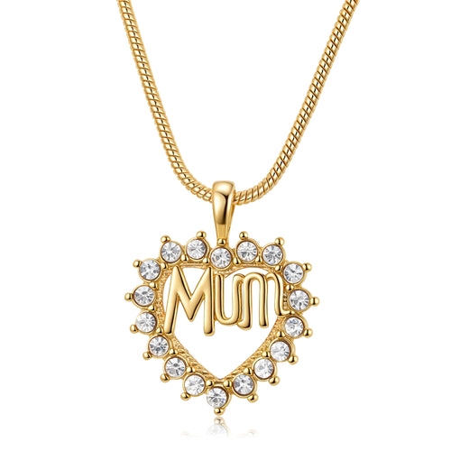 Gold Heart “MUM” Pendant with Clear Stones – 22-Inch Snake Chain, 17.5g, Tarnish Resistant