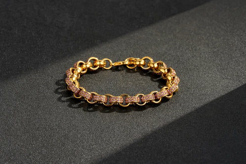 New 8mm Gold Belcher Bracelet with Pink Stones – 8 Inches