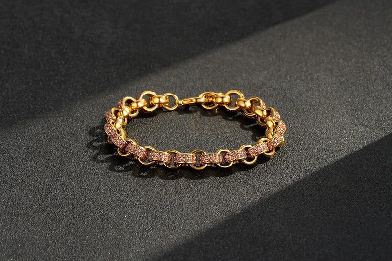 New 8mm Gold Belcher Bracelet with Pink Stones – 6 Inches