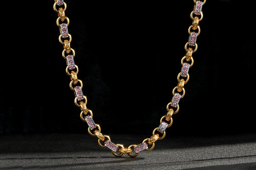New 10mm Women's Two-Tone Gold & Silver Pink Gypsy Link Chain – 24 Inches