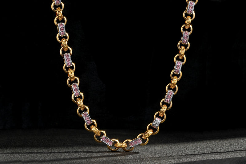 New 10mm Women's Two-Tone Gold & Silver Pink Gypsy Link Chain – 24 Inches