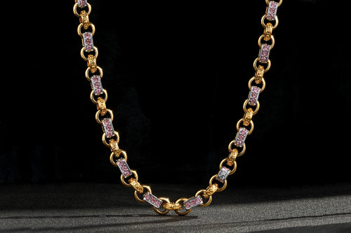 New 10mm Women's Two-Tone Gold & Silver Pink Gypsy Link Chain – 24 Inches