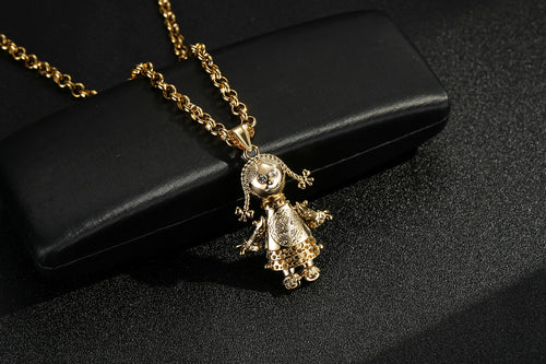 New Gold Rag Doll Pendant with Clear Stones on 22-Inch, 5mm Belcher Chain
