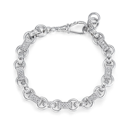 Luxury Silver 10mm Gypsy Link with Stones Belcher Bracelet with Albert Clasp