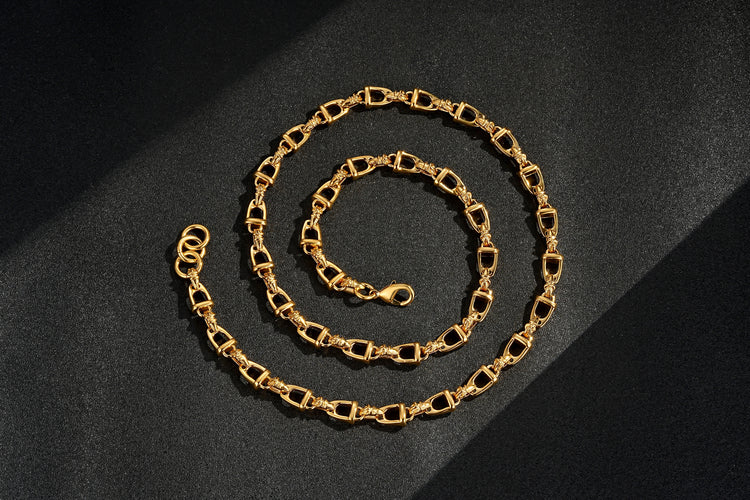 Gold Stirrup & Buckle Link Chain Necklace 24” Welded Equestrian Style 62g Heavy