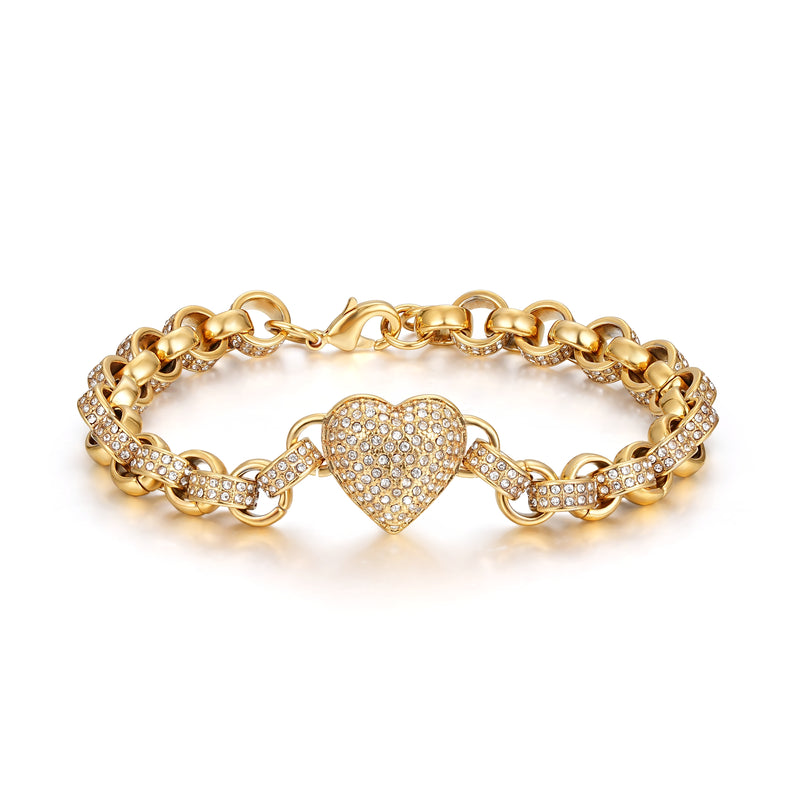 Gold Heart Charm Bracelet with Clear Stones – Fits 7.5–8” Wrist, 27g, Tarnish Resistant
