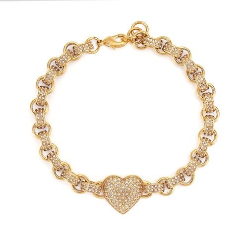 Gold Heart Charm Bracelet with Clear Stones – Fits 7.5–8” Wrist, 27g, Tarnish Resistant