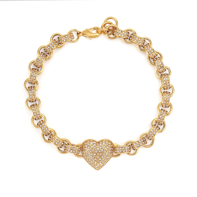 Gold Heart Charm Bracelet with Clear Stones – Fits 7.5–8” Wrist, 27g, Tarnish Resistant