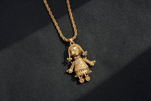 Largest Gold Heart Rag Doll Pendant with Clear Stones – 24 Inch