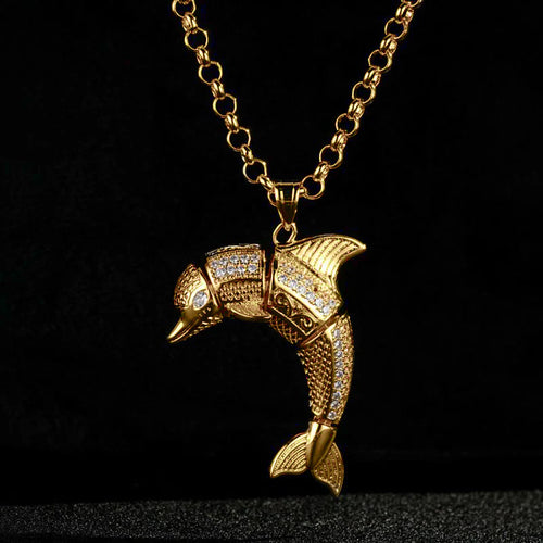 New Gold-Filled Dolphin Pendant with Stones on 24-Inch Belcher Chain