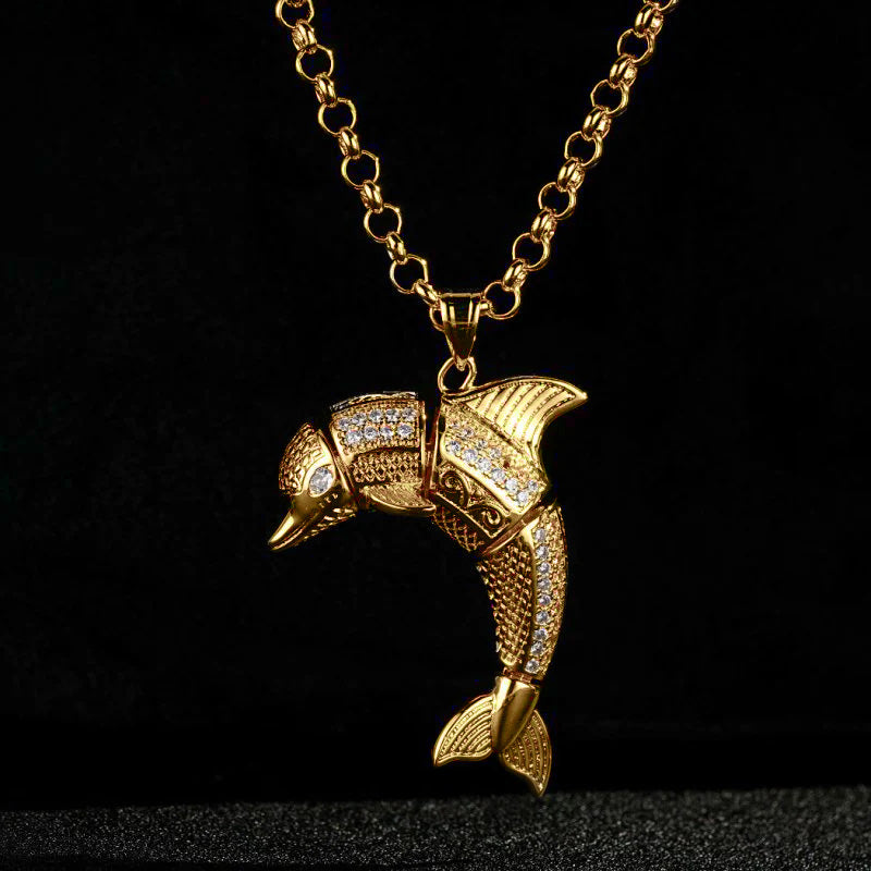 New Gold-Filled Dolphin Pendant with Stones on 24-Inch Belcher Chain