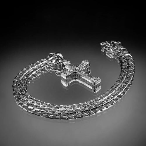 Heavy Silver Jesus Cross Crucifix Pendant with Stones – 24 Inch 6mm Cuban Chain