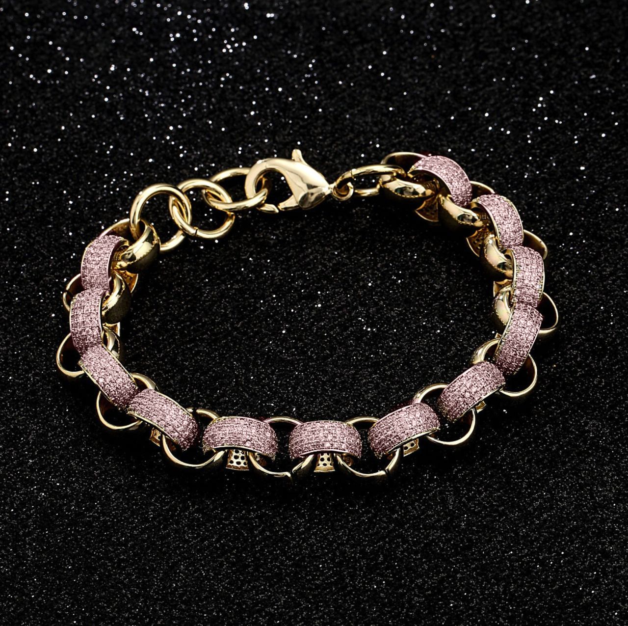 New 12mm Gold-Filled Pattern Belcher Bracelet with Pink Stones