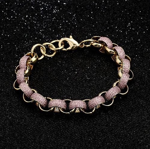 New 12mm Gold-Filled Pattern Belcher Bracelet with Pink Stones – Adjustable 8–9 Inches