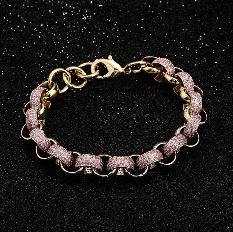 New 12mm Gold-Filled Pattern Belcher Bracelet with Pink Stones – Adjustable 8–9 Inches