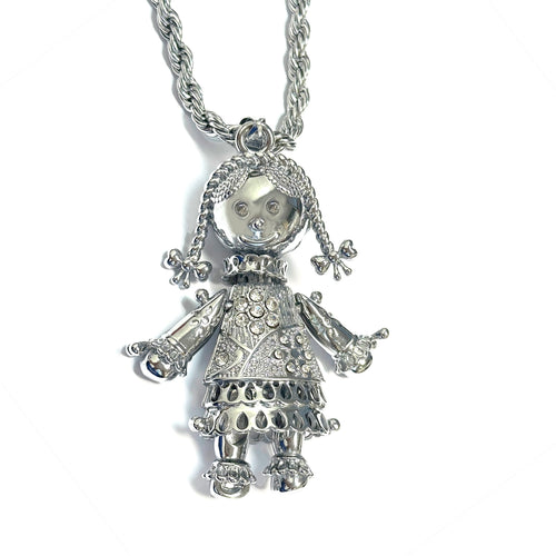 Largest Silver Heart Rag Doll Pendant with Clear Stones – 24 Inch