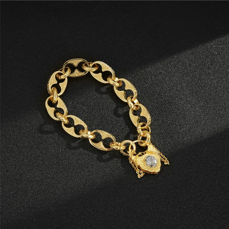 New Gold-Filled Button Belcher Bracelet with Clear Stone and Vintage Padlock Clasp – 8 Inches