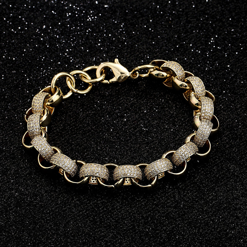 New 12mm Gold-Filled Pattern Belcher Bracelet with Diamond Stones – Adjustable 8–9 Inches