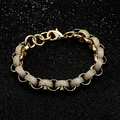 New 12mm Gold-Filled Pattern Belcher Bracelet with Diamond Stones – Adjustable 8–9 Inches