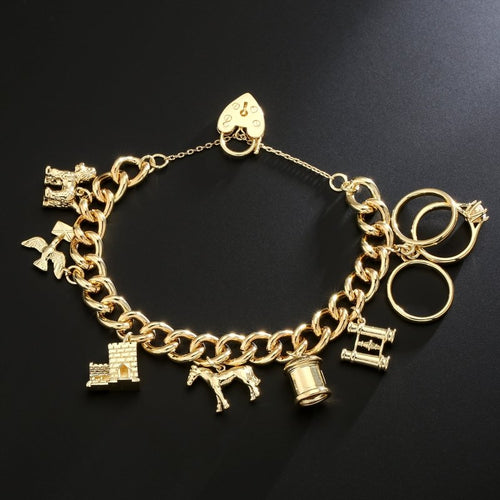 Gold Pets & Post Charm Bracelet 8 Inches Heavy British Themed Solid Charms