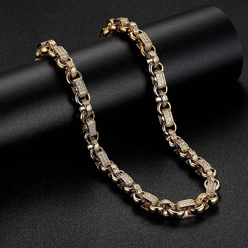 Premium Gold 10mm Gypsy Link with Stones Belcher Chain with Albert Clasp