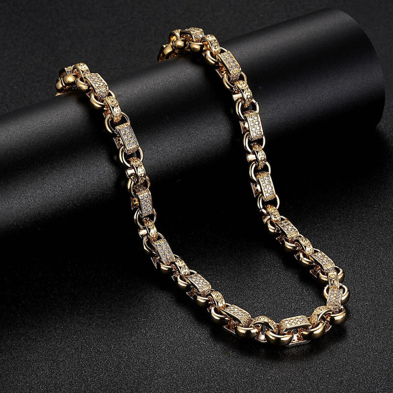 Premium Gold 10mm Gypsy Link with Stones Belcher Chain with Albert Clasp