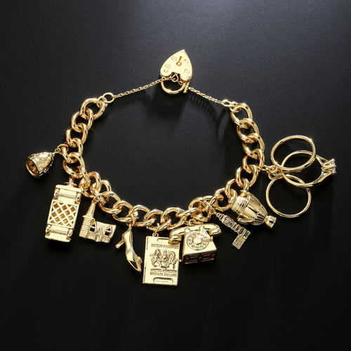 Gold Charm Bracelet Great Britain Heart Lock