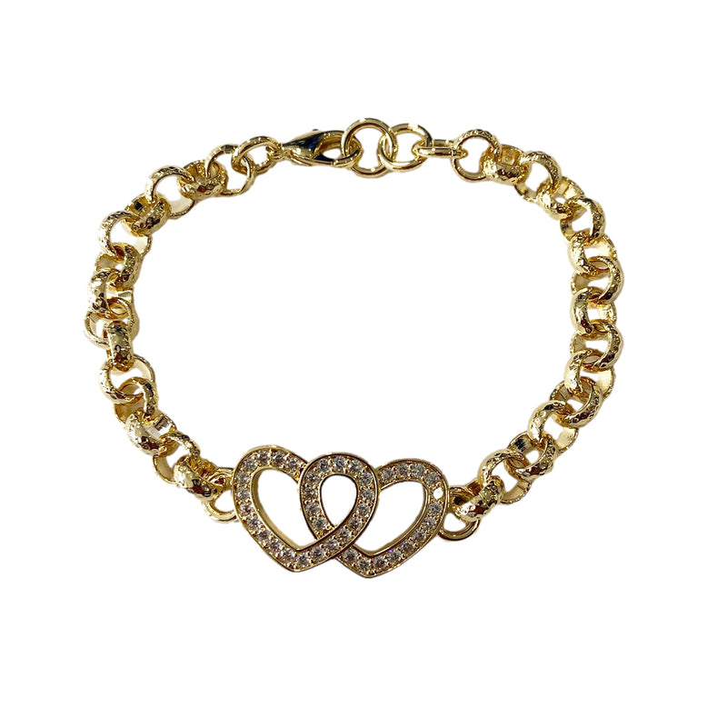 8 inch Double Heart Belcher Bracelet With Crystals