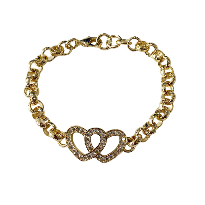 6 inch Double Heart Belcher Bracelet With Crystals