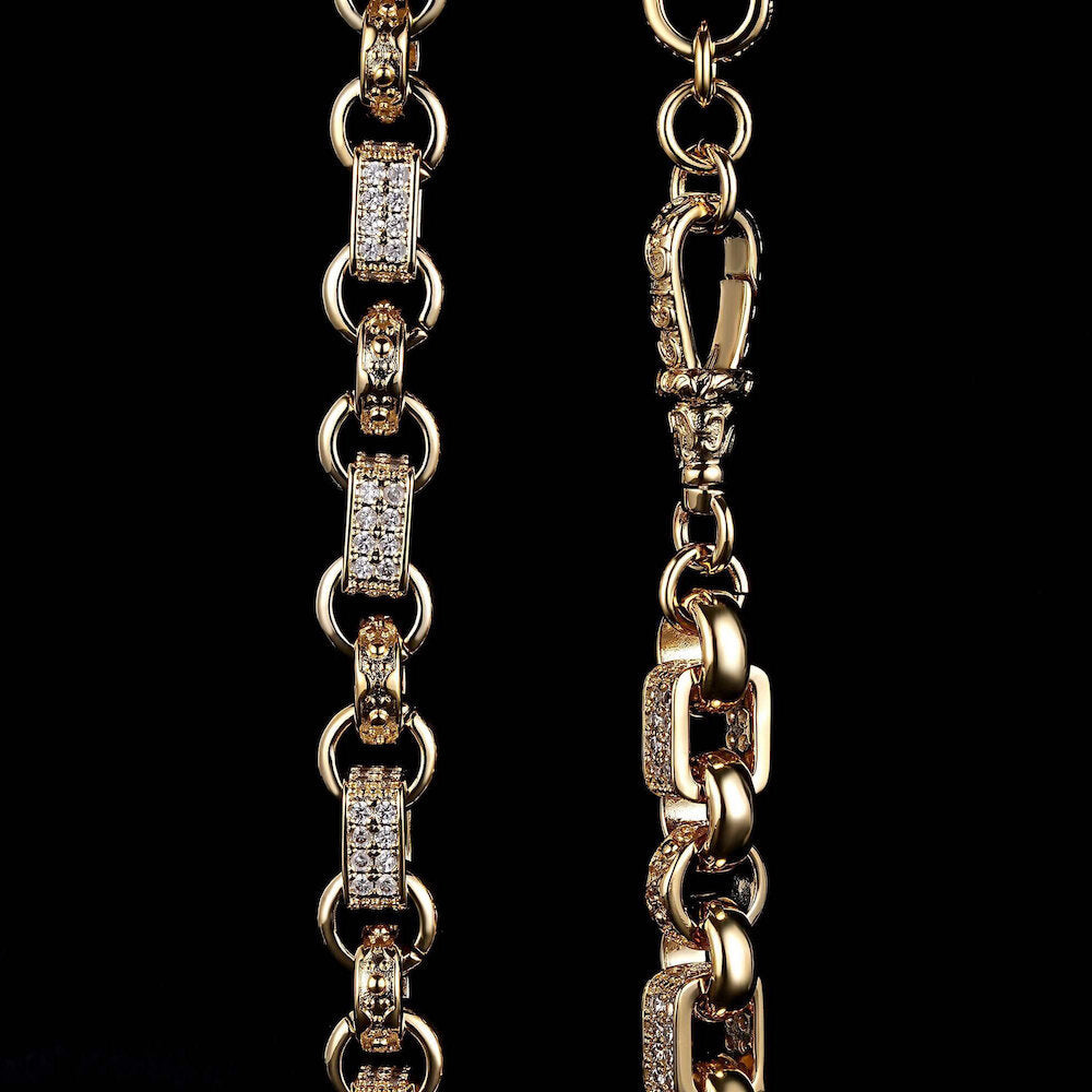 Premium Gold 10mm Gypsy Link with Stones Belcher Chain with Albert Clasp