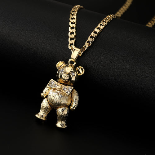 Gold Teddy Bear Clear Stone Pendant 22 Inch