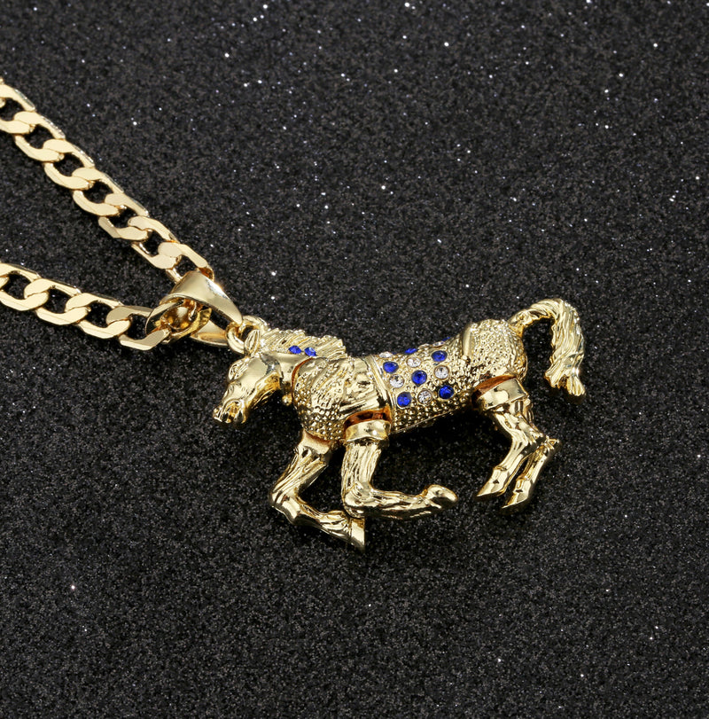 Gold Horse Pendant with Blue Stones and Cuban Chain