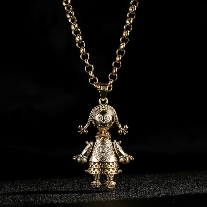 Gold 3D Heart Rag Doll Pendant Clear Stones with Belcher Chain